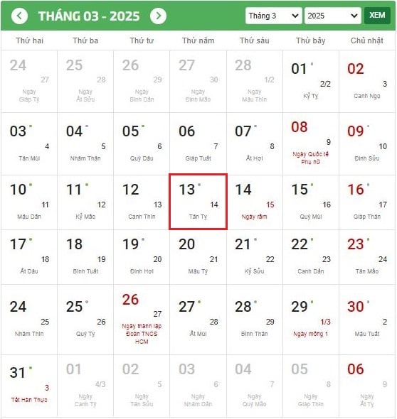 Ngày 13 3 là ngày gì, thứ mấy? Ngày 13 3 âm lịch bao nhiêu? Ngày 13 tháng 3 cung gì? Ngày 13 3 có phải ngày lễ lớn không?