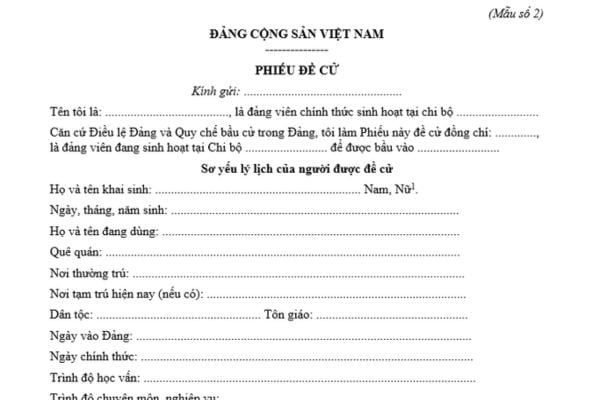 Mẫu Phiếu đề cử nhân sự cấp ủy tại đại hội đại biểu đảng bộ cơ sở? Tải mẫu? Ai có quyền đề cử nhân sự cấp ủy tại đại hội?