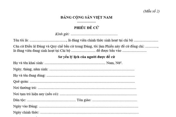 Mẫu Phiếu đề cử đại biểu dự đại hội đảng bộ cấp trên mới nhất? Tải mẫu? Đại biểu dự đại hội đảng bộ bao gồm những người nào?