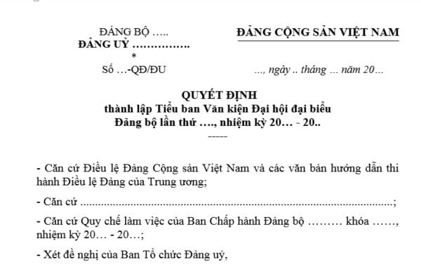 Mẫu Quyết định thành lập Tiểu ban Văn kiện Đại hội Đảng bộ là mẫu nào? Tải mẫu? Đại hội Đảng bộ được xem là hợp lệ khi nào?