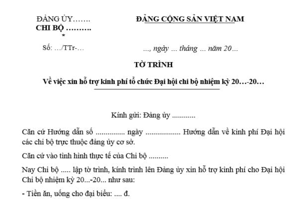 Mẫu Tờ trình xin kinh phí Đại hội chi bộ mới nhất? Tải mẫu Tờ trình xin kinh phí tổ chức Đại hội chi bộ?