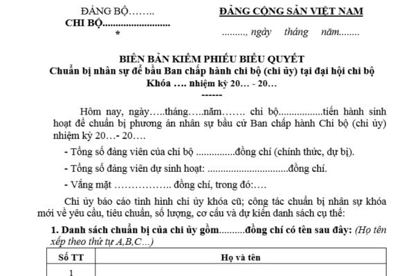 Mẫu Biên bản kiểm phiếu biểu quyết giới thiệu nhân sự chi ủy chi bộ như thế nào? Tải mẫu Biên bản kiểm phiếu mới nhất?