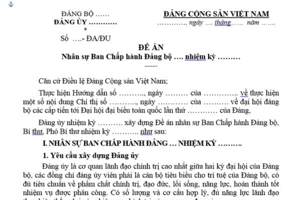 Mẫu Đề án nhân sự Ban Chấp hành Đảng bộ mới nhất? Tải mẫu? Trình tự thủ tục bầu Ban chấp hành đảng bộ?