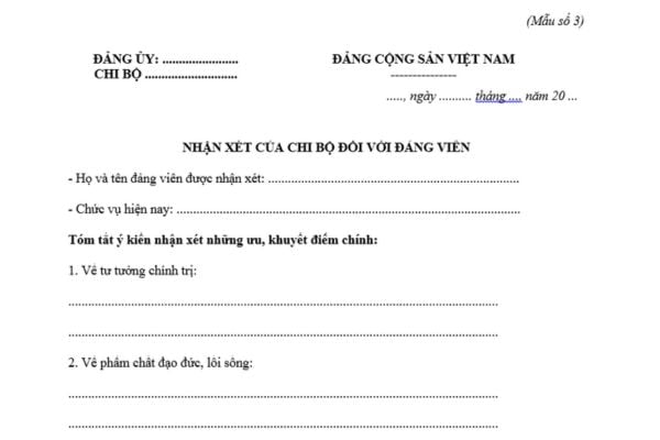 Mẫu Bản nhận xét của chi bộ nơi sinh hoạt đối với Đảng viên được đề cử vào cấp ủy tại đại hội đảng bộ tỉnh?