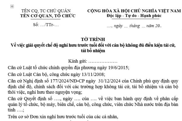 Mẫu Tờ trình giải quyết chế độ nghỉ hưu trước tuổi theo Nghị định 177? Các chế độ được hưởng khi nghỉ hưu trước tuổi theo Nghị định 177?