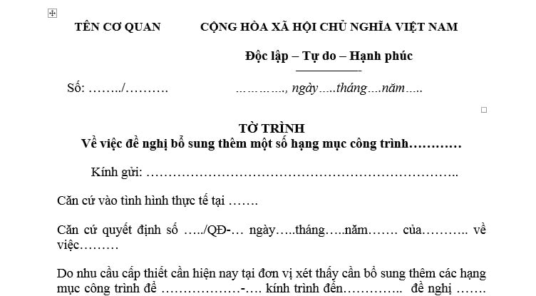 Tờ trình đề nghị bổ sung hạng mục công trình là mẫu nào? Tải Mẫu Tờ trình đề nghị bổ sung hạng mục công trình?