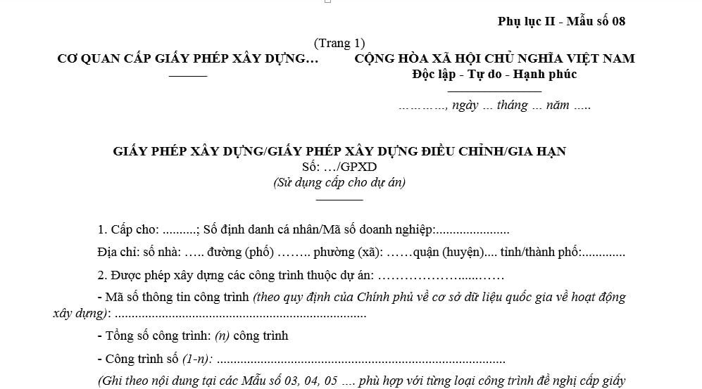 Mẫu Giấy phép xây dựng dự án mới nhất? Tải mẫu Giấy phép xây dựng dự án? Thời hạn khởi công công trình là bao lâu?