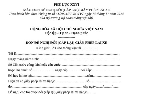 Mẫu đơn đề nghị đổi, cấp lại giấy phép lái xe mới nhất hiện nay theo Thông tư 35? Tải mẫu mới nhất?