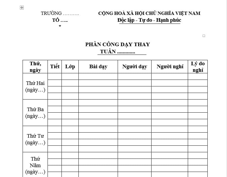 Mẫu Bảng phân công dạy thay của tổ chuyên môn? Tải mẫu? Tổ chuyên môn trường trung học có nhiệm vụ gì?