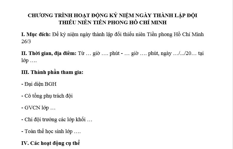 Viết chương trình hoạt động lễ kỷ niệm ngày thành lập Đội Thiếu niên Tiền phong Hồ Chí Minh? Học sinh có được nghỉ học ngày thành lập Đội?