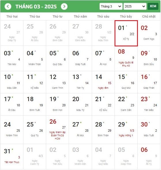 Ngày 1 tháng 3 thứ mấy? Ngày 1 tháng 3 là ngày mấy âm lịch? Ngày 1 tháng 3 cung gì? Có được nghỉ làm vào ngày 1 tháng 3 không?
