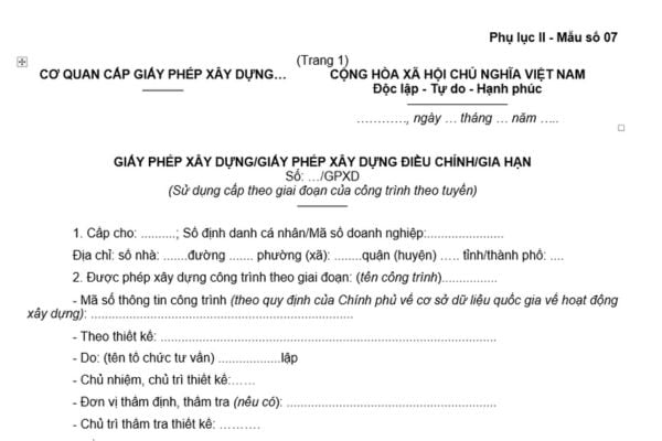 Mẫu Giấy phép xây dựng cấp theo giai đoạn của công trình theo tuyến mới nhất? Công trình xây dựng theo tuyến gồm những công trình nào?