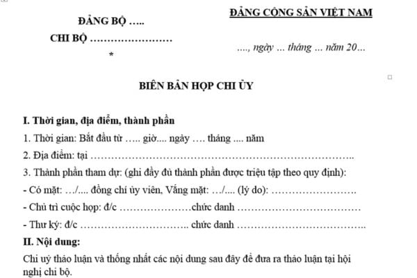 Mẫu Biên bản họp chi ủy chi bộ mới nhất? Tải mẫu Biên bản họp chi ủy chi bộ? Biên bản họp chi ủy chi bộ là gì?