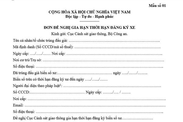 Mẫu Đơn đề nghị gia hạn thời hạn đăng ký xe mới nhất hiện nay? Tải mẫu? Người trúng đấu giá biển số xe được gia hạn thời hạn đăng ký xe khi nào?