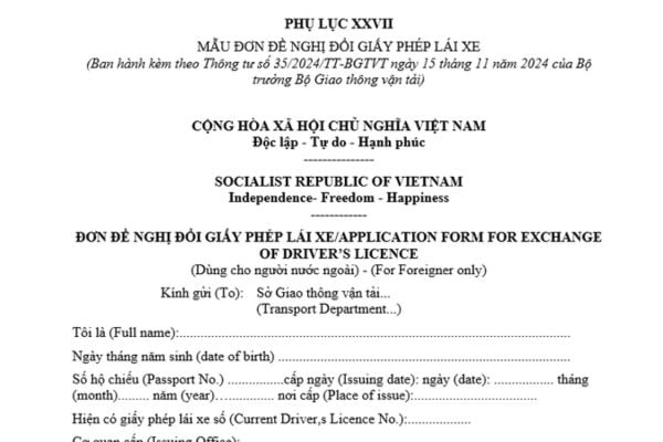 Mẫu đơn đề nghị đổi giấy phép lái xe cho người nước ngoài mới nhất theo Thông tư 35? Tải mẫu ở đâu?