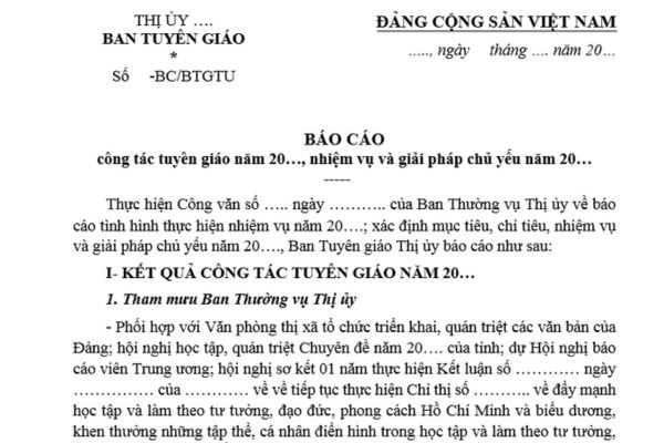 Mẫu Báo cáo công tác tuyên giáo là mẫu nào? Tải mẫu Báo cáo file word? Tổ chức bộ máy của Ban Tuyên giáo Trung ương như thế nào?