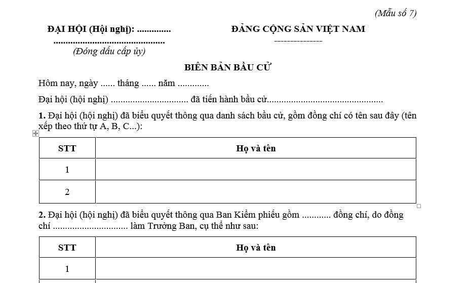 Mẫu Biên bản bầu Chủ nhiệm Ủy ban kiểm tra tại hội nghị cấp ủy? Tải mẫu? Nội dung biên bản bầu gồm những gì?