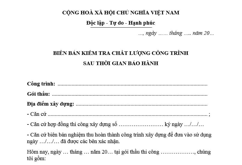 Mẫu biên bản kiểm tra chất lượng công trình sau bảo hành mới nhất? Quản lý chất lượng công trình xây dựng là gì?
