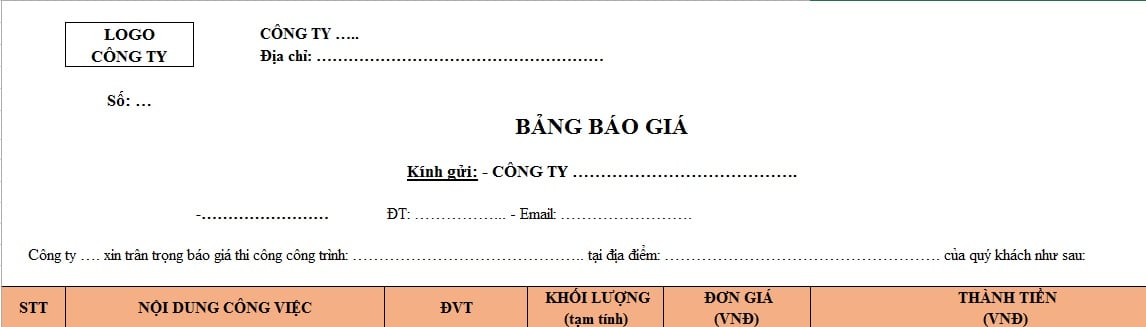 Bảng báo giá thi công xây dựng File Excel