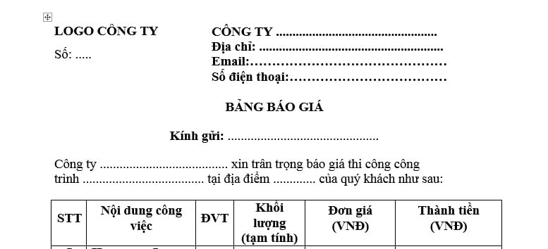 Bảng báo giá thi công xây dựng File Word