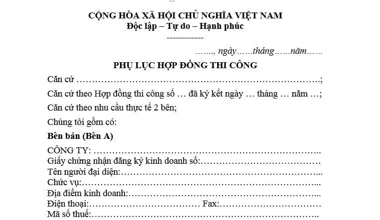 Mẫu phụ lục hợp đồng phát sinh khối lượng thi công xây dựng? Tải phụ lục hợp đồng phát sinh khối lượng thi công xây dựng?