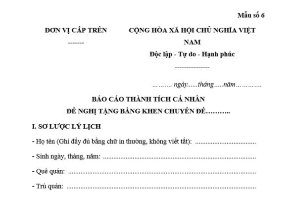 Mẫu báo cáo thành tích cá nhân công đoàn đề nghị tặng Bằng khen chuyên đề? Tải mẫu? Cá nhân được xét khen thưởng phải đạt bao nhiêu điểm thi đua?