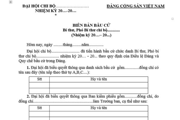 Mẫu Biên bản bầu Bí thư chi bộ, Phó Bí thư chi bộ mới nhất? Tải mẫu? Biên bản bầu cử gồm những nội dung gì?