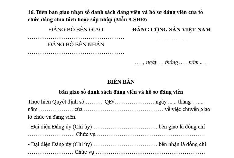 Mẫu Biên bản giao nhận sổ danh sách đảng viên và hồ sơ đảng viên của tổ chức đảng sáp nhập? Tải mẫu?