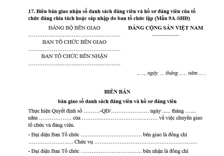 Mẫu Biên bản giao nhận sổ danh sách đảng viên và hồ sơ đảng viên của tổ chức đảng sáp nhập? Tải mẫu?