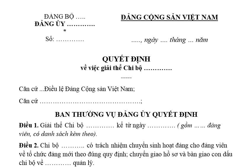 Mẫu Quyết định giải thể chi bộ mới nhất? Tải mẫu? Thời hạn chuyển sinh hoạt đảng cho đảng viên khi giải thể chi bộ?