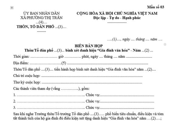 Mẫu Biên bản họp bình xét danh hiệu Gia đình văn hóa mới nhất như thế nào? Tải mẫu? Khung tiêu chuẩn danh hiệu Gia đình văn hóa?