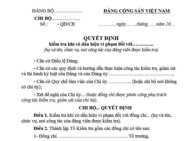 Mẫu Quyết định kiểm tra đảng viên khi có dấu hiệu vi phạm của chi bộ? Tải mẫu? Nội dung kiểm tra đảng viên khi có dấu hiệu vi phạm?