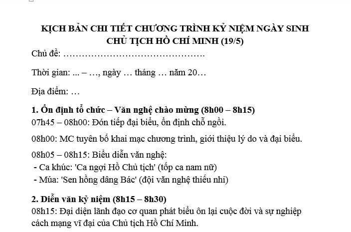 Kịch bản chương trình kỷ niệm Ngày sinh Chủ tịch Hồ Chí Minh 19 5? Kịch bản chương trình kỷ niệm Ngày sinh Bác Hồ 19 5?