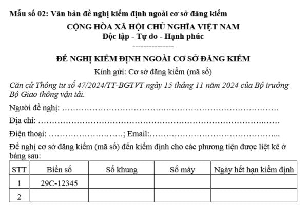 Mẫu Văn bản đề nghị kiểm định ngoài cơ sở đăng kiểm mới nhất hiện nay? Tải mẫu? Trường hợp được kiểm định ngoài cơ sở đăng kiểm?