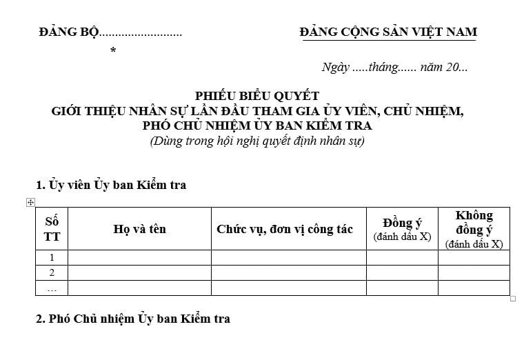 Mẫu phiếu biểu quyết nhân sự Ủy ban kiểm tra? Tải mẫu? Trình tự thủ tục bầu Ủy ban kiểm tra được thực hiện như thế nào?