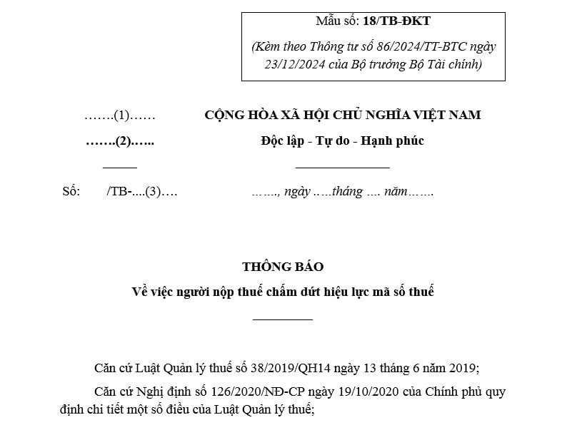 Mẫu Thông báo người nộp thuế chấm dứt hiệu lực mã số thuế mới nhất theo Thông tư 86? Tải mẫu ở đâu?