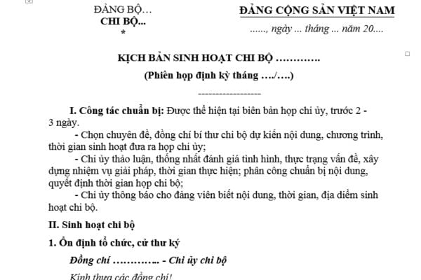 Kịch bản sinh hoạt chi bộ tháng? Mẫu Kịch bản sinh hoạt chi bộ tháng mới nhất? Các bước sinh hoạt chi bộ hàng tháng như thế nào?