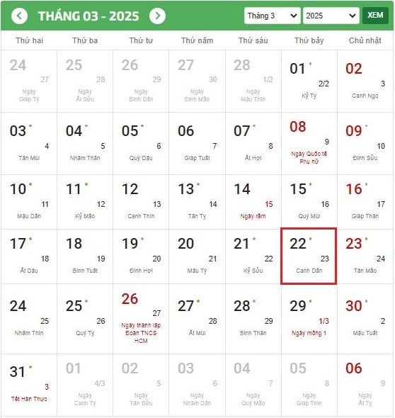 Ngày 22 3 là ngày gì, thứ mấy? Ngày 22 3 là ngày bao nhiêu âm? Ngày 22 3 cung gì? Ngày 22 3 có phải ngày lễ lớn không?