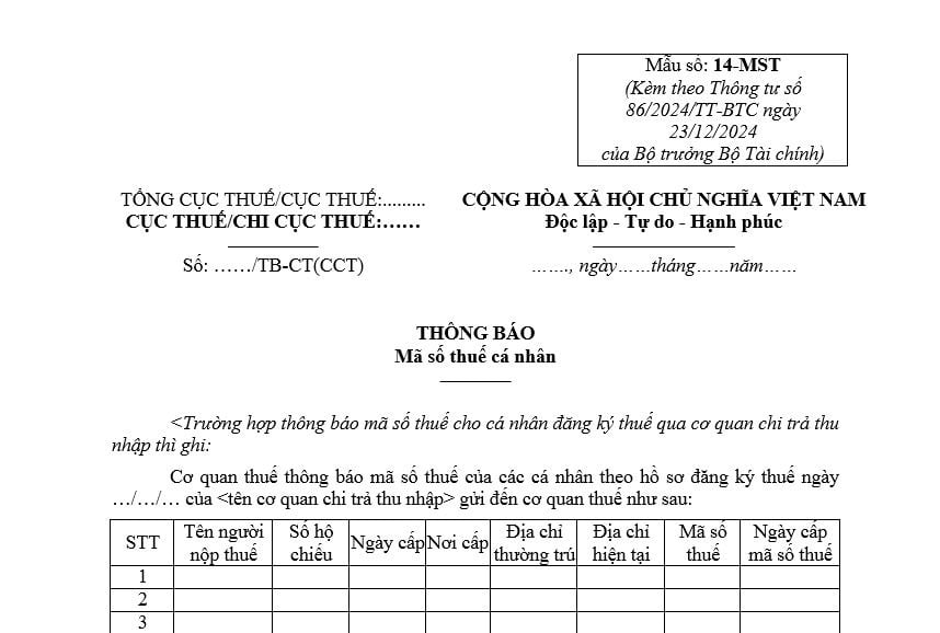 Mẫu Thông báo mã số thuế cá nhân mới nhất theo Thông tư 86? Trường hợp thông báo mã số thuế thay giấy chứng nhận đăng ký thuế?