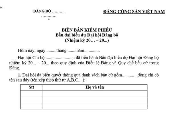 Mẫu Biên bản kiểm phiếu bầu đại biểu dự Đại hội Đảng bộ mới nhất? Việc bầu đại biểu dự đại hội đảng bộ cấp trên được quy định như thế nào?