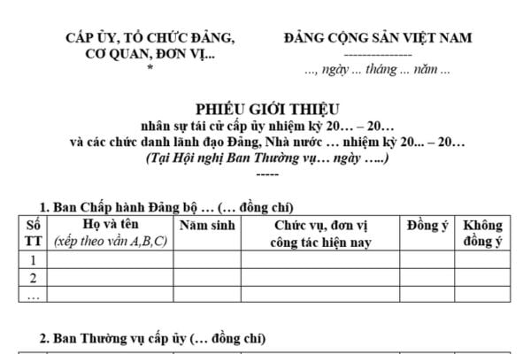 Mẫu Phiếu giới thiệu nhân sự tái cử cấp ủy mới nhất? Tải mẫu? Nguyên tắc giới thiệu nhân sự tái cử cấp ủy?