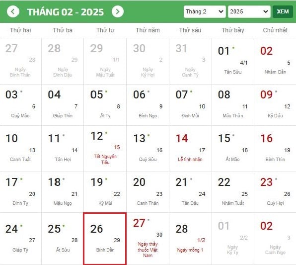 Ngày 26 tháng 2 là ngày gì? Ngày 26 tháng 2 bao nhiêu âm lịch, thứ mấy? Ngày 26 tháng 2 cung gì? Có phải ngày lễ lớn không?