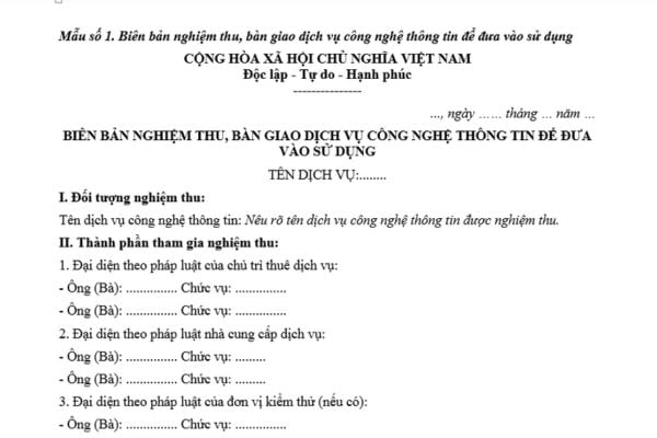 Mẫu Biên bản nghiệm thu, bàn giao dịch vụ công nghệ thông tin để đưa vào sử dụng mới nhất? Tải mẫu?