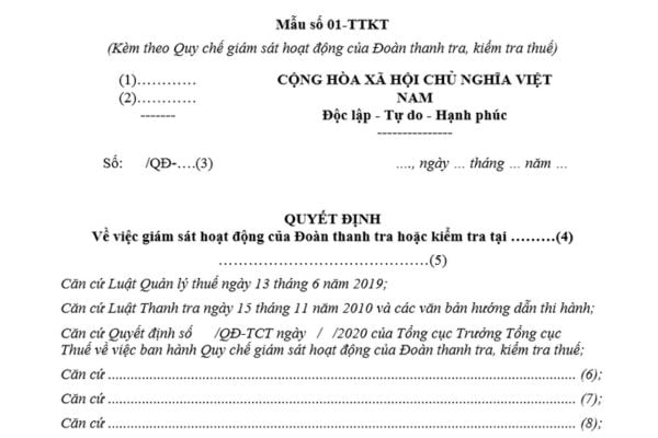 Mẫu quyết định giám sát hoạt động của Đoàn thanh tra, kiểm tra thuế là mẫu nào? Tải mẫu ở đâu?