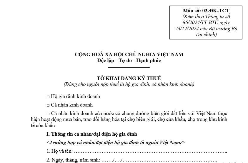 Mẫu Tờ khai đăng ký thuế của cá nhân kinh doanh mới nhất theo Thông tư 86? Hướng dẫn kê khai Tờ khai đăng ký thuế?