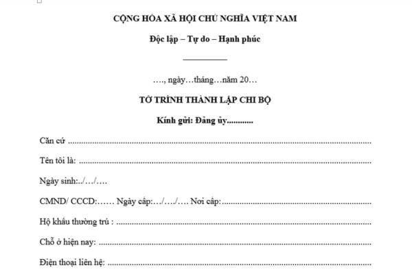 Mẫu Tờ trình thành lập chi bộ mới nhất là mẫu nào? Tải mẫu? Điều kiện thành lập chi bộ cơ sở, đảng bộ cơ sở?