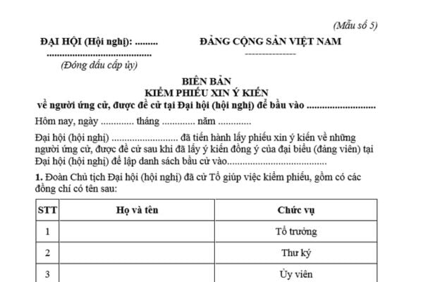 Mẫu Biên bản kiểm phiếu xin ý kiến về nhân sự chi ủy chi bộ mới nhất? Ai có nhiệm vụ lấy phiếu xin ý kiến về nhân sự chi ủy chi bộ?