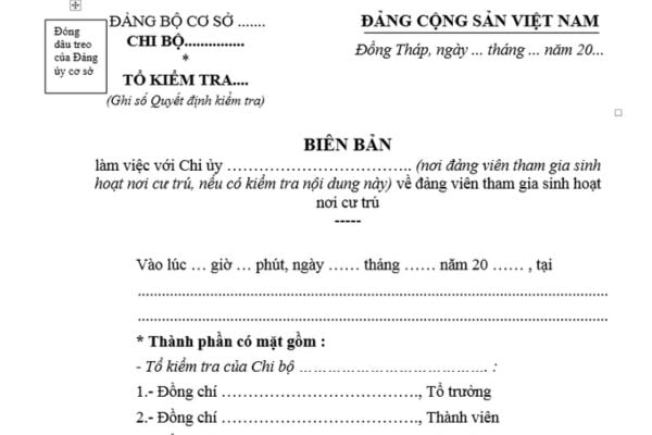 Mẫu Biên bản làm việc với chi ủy nơi cư trú về đảng viên tham gia sinh hoạt nơi cư trú của tổ kiểm tra chi bộ?