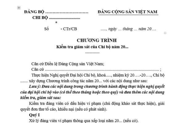 Mẫu Chương trình kiểm tra giám sát của chi bộ mới nhất? Tải mẫu? Thời hạn kiểm tra giám sát Đảng viên được tính như thế nào?