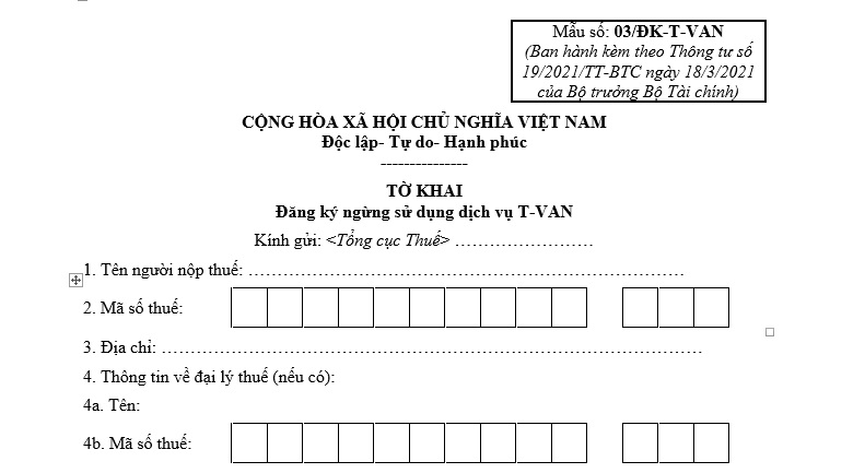 Mẫu Tờ khai đăng ký ngừng sử dụng dịch vụ T VAN mới nhất? Tải mẫu? Thời hạn thông xác nhận ngừng sử dụng dịch vụ T VAN?